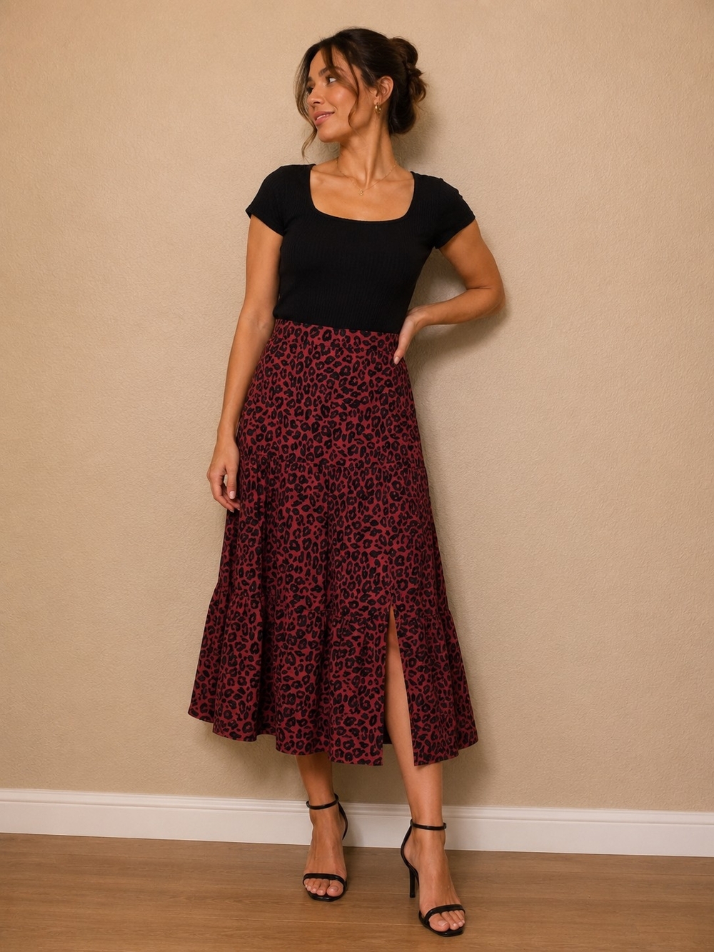 Nine West Black & Wine Leopard Midi Skirt with Front Slit